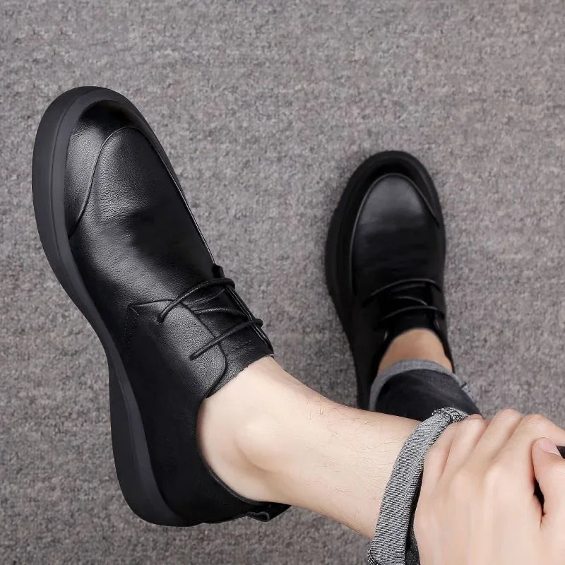 Black Men Dress Casual Shoes British Fashion Round Toe Breathable Soft Sole Comfortable Lace Up