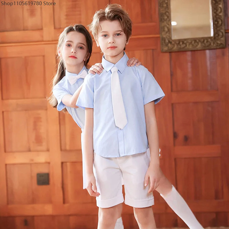 Children Summer Kindergarten School Uniforms Girls Pleated Skirts JK Suit Boys Shirt Shorts Bowtie Wedding Performance Costume