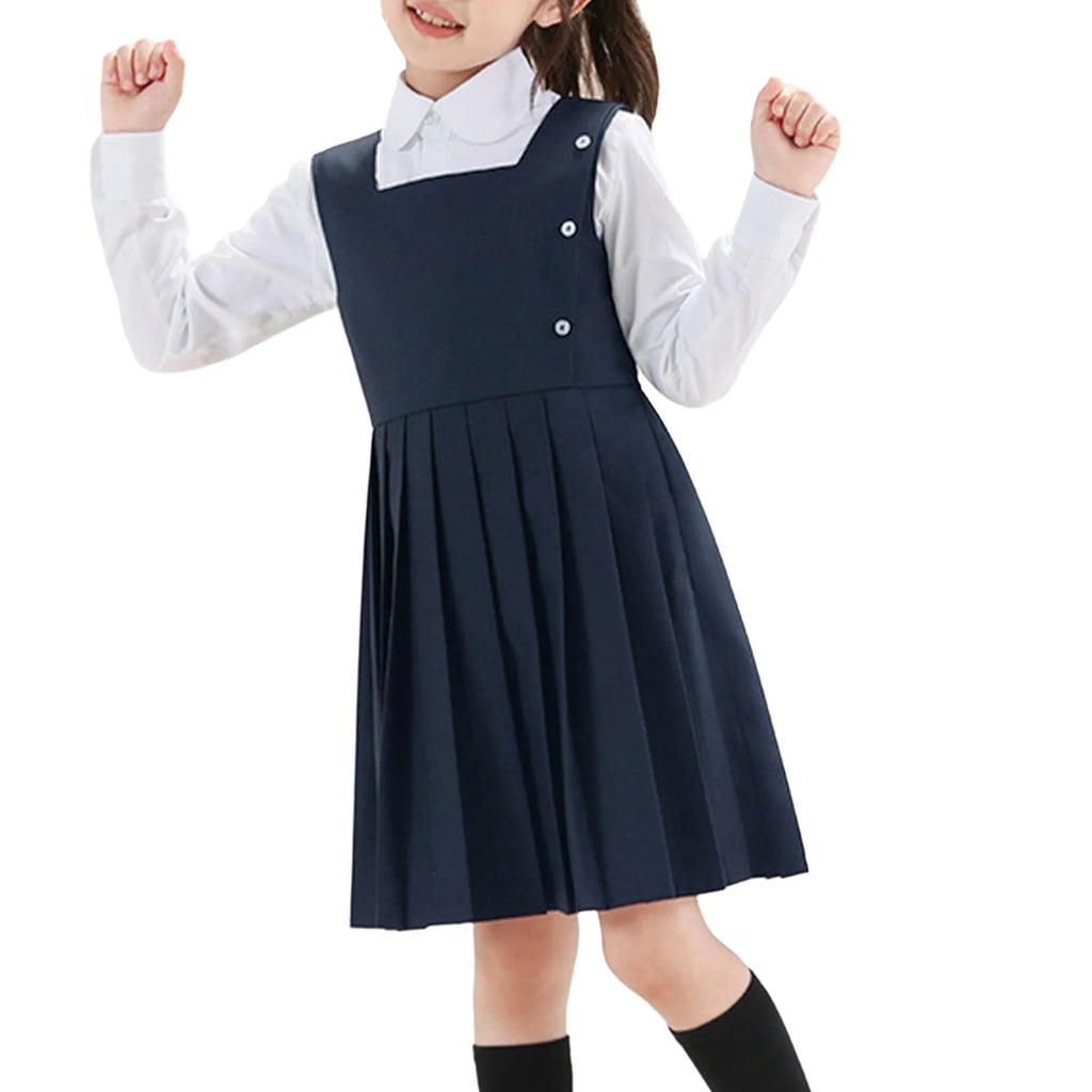 Kids Girls School Uniform Jumper Dress Student Uniform Costume Round Neck Sleeveless Zipper Pleated Dress School Uniforms