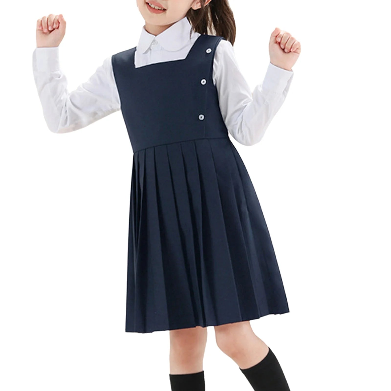 Kids Girls School Uniform Jumper Dress Student Uniform Costume Round Neck Sleeveless Zipper Pleated Dress School Uniforms