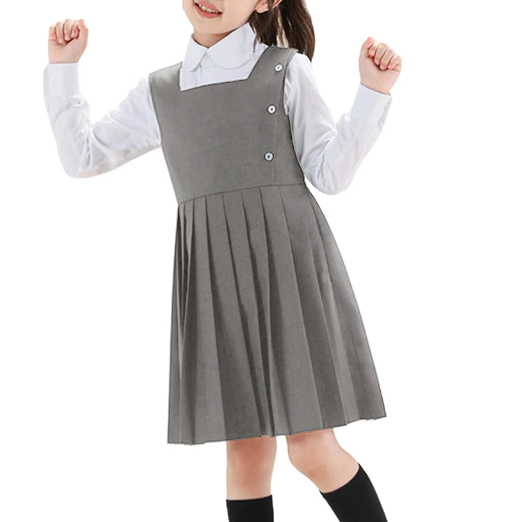 Kids Girls School Uniform Jumper Dress Student Uniform Costume Round Neck Sleeveless Zipper Pleated Dress School Uniforms