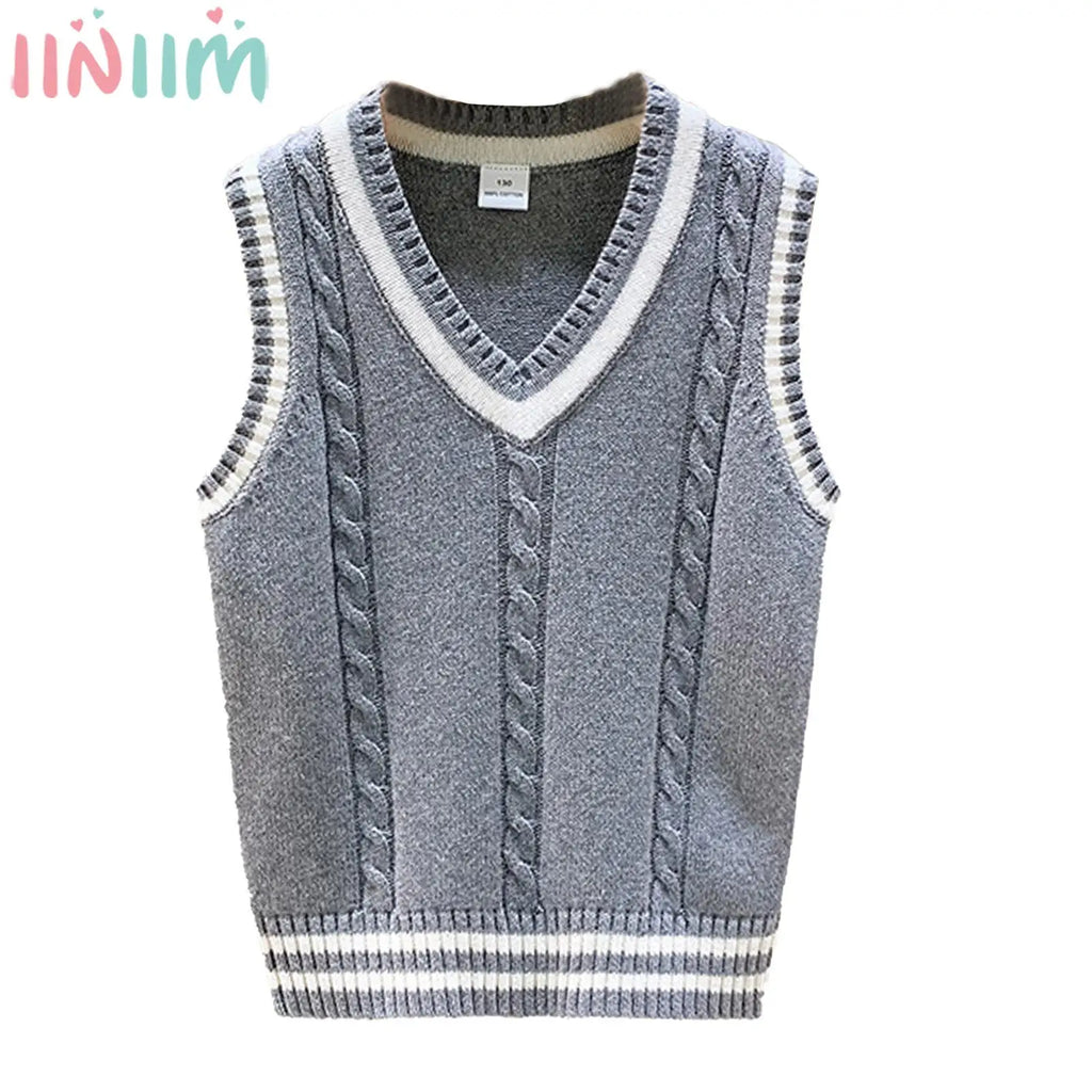 Boys Girls School Uniform Waistcoat Casual Knitted Sweater Vest V Neck Preppy Style Outerwear Children Spring Autumn Clothing