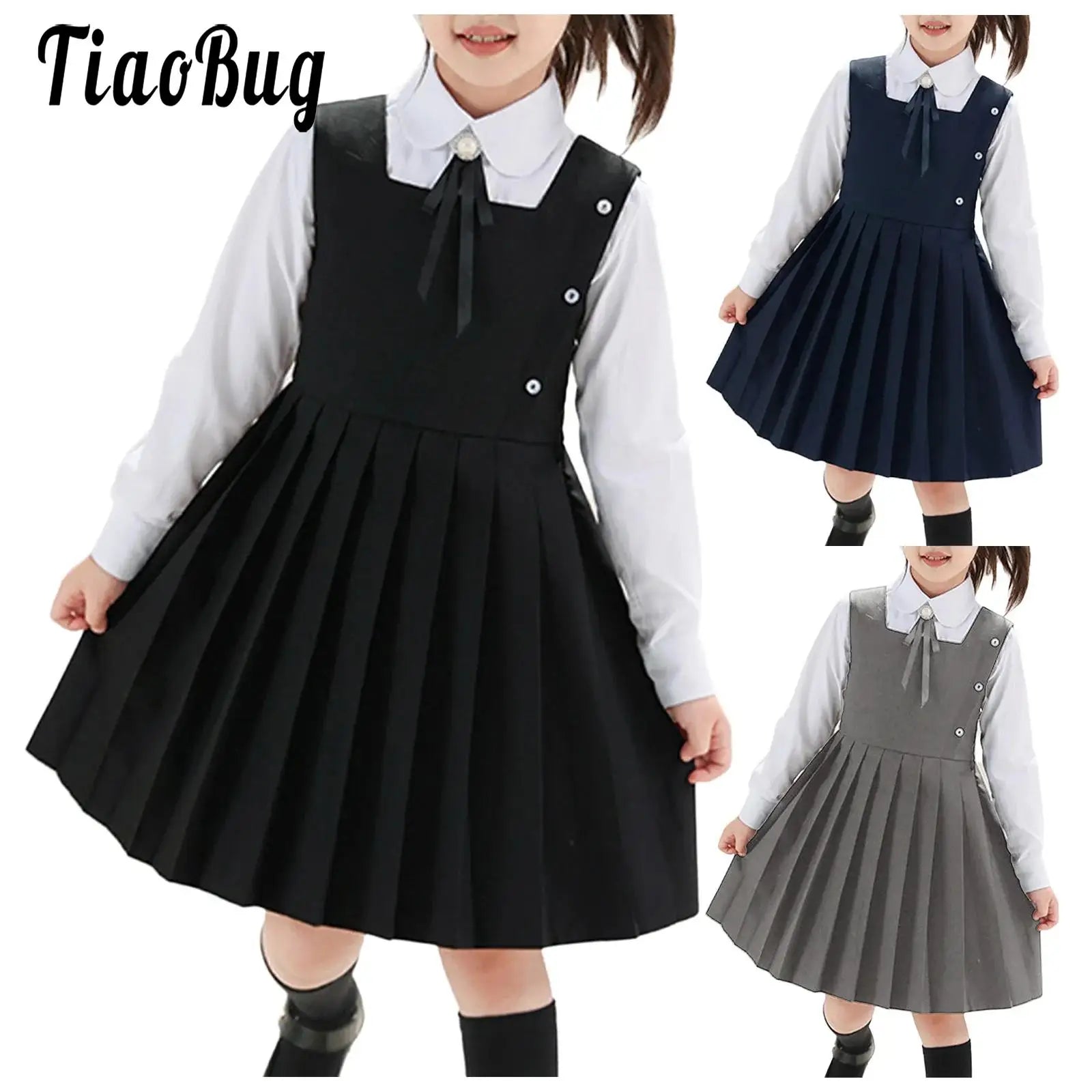 Kids Girls School Uniform Jumper Dress Student Uniform Costume Round Neck Sleeveless Zipper Pleated Dress School Uniforms