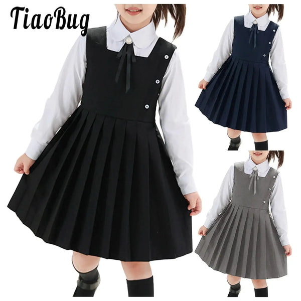 Kids Girls School Uniform Jumper Dress Student Uniform Costume Round Neck Sleeveless Zipper Pleated Dress School Uniforms