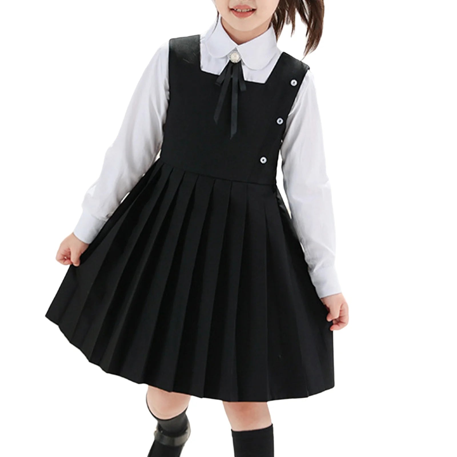 Kids Girls School Uniform Jumper Dress Student Uniform Costume Round Neck Sleeveless Zipper Pleated Dress School Uniforms
