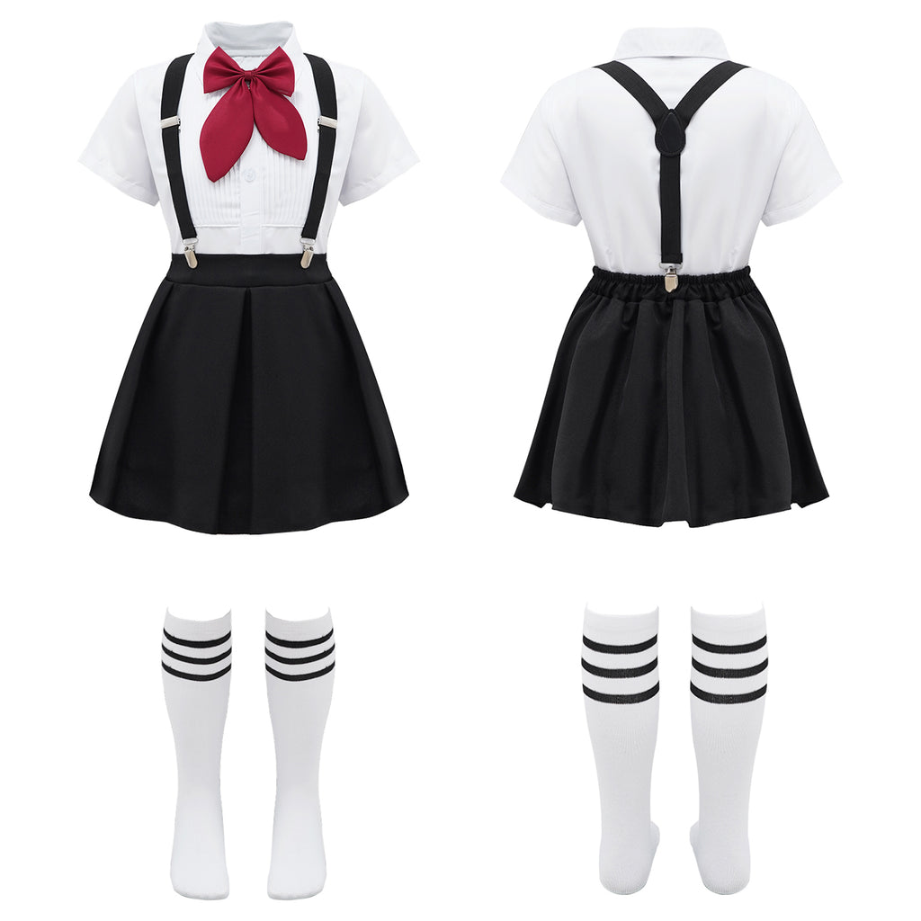Kids Girls Student School Uniform Shirt Top with Suspenders Skirt Socks Children Choir Stage Performance Suit Schoolgirl Costume