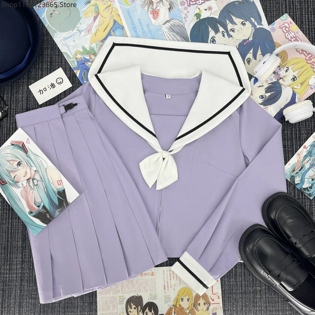 Cute Japanese-style Summer School Uniform Skirt For Girls Cosplay Purple Shirt Jk Sailor Uniform Women's Party Long-sleeve Suit