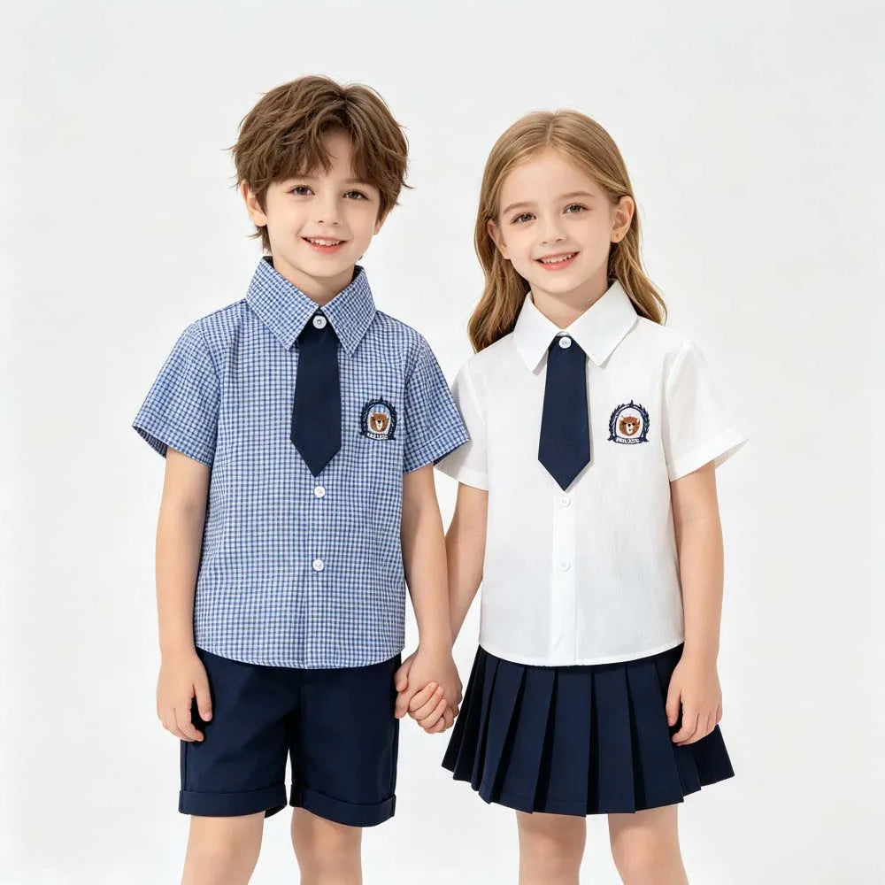 Kids Boys Girls Short Sleeve School Uniform Shirts Bear Embroidery Blouse With Tie Toddler Plaid White Lapel Collar Cotton Tops