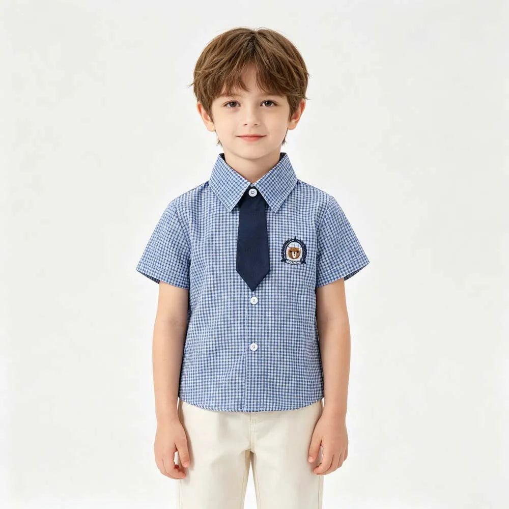 Kids Boys Girls Short Sleeve School Uniform Shirts Bear Embroidery Blouse With Tie Toddler Plaid White Lapel Collar Cotton Tops
