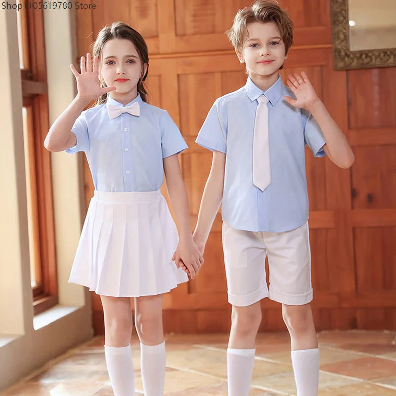 Children Summer Kindergarten School Uniforms Girls Pleated Skirts JK Suit Boys Shirt Shorts Bowtie Wedding Performance Costume