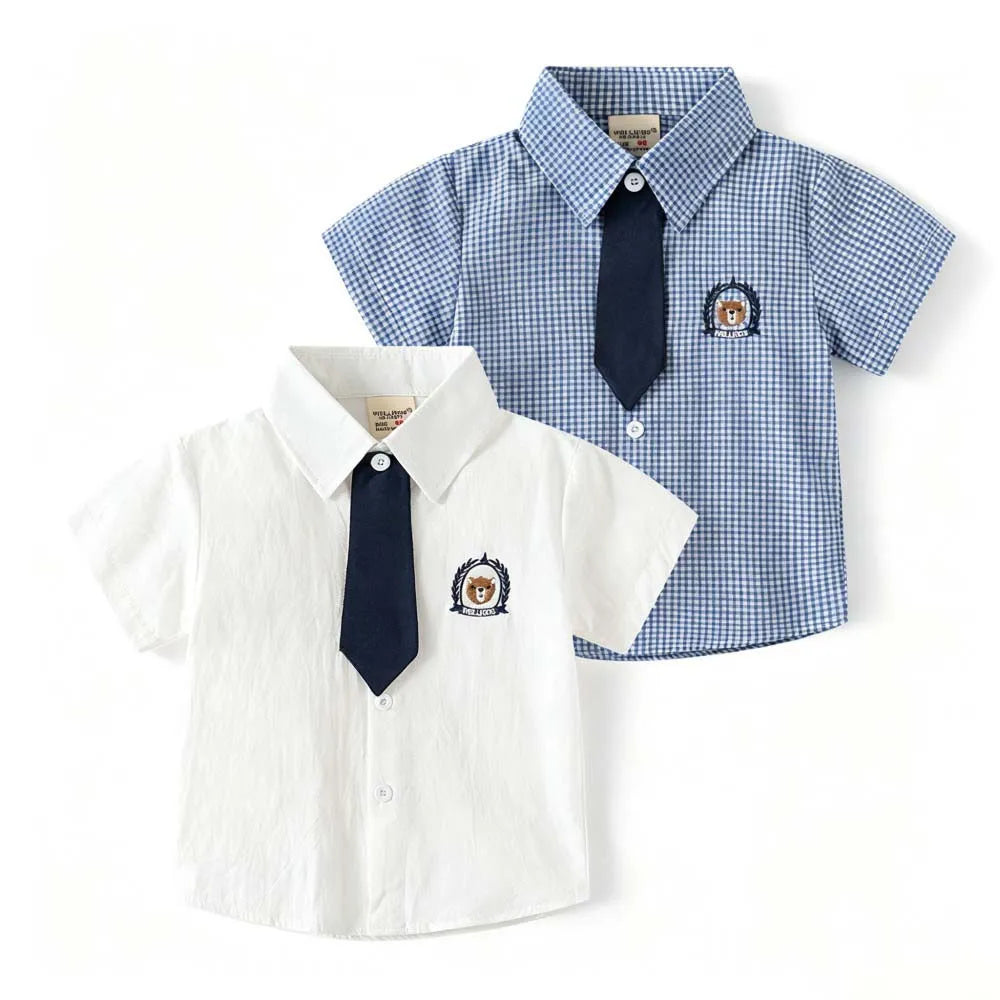 Kids Boys Girls Short Sleeve School Uniform Shirts Bear Embroidery Blouse With Tie Toddler Plaid White Lapel Collar Cotton Tops