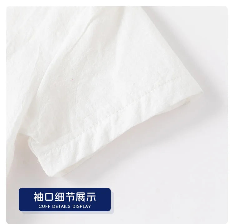 Kids Boys Girls Short Sleeve School Uniform Shirts Bear Embroidery Blouse With Tie Toddler Plaid White Lapel Collar Cotton Tops