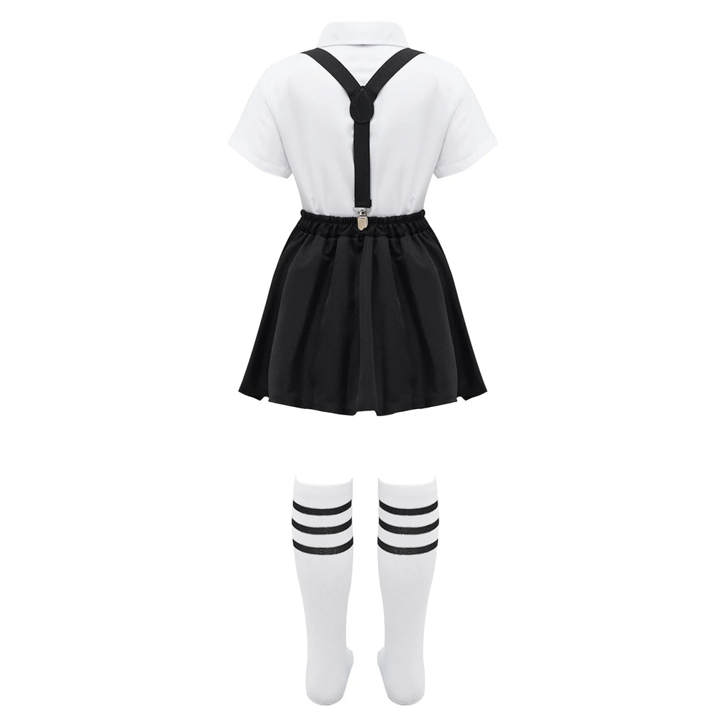 Children Girls Choir Outfits School Uniform Bow Tie Shirt with Suspender Skirt and Socks Schoolgirls Stage Performance Costume