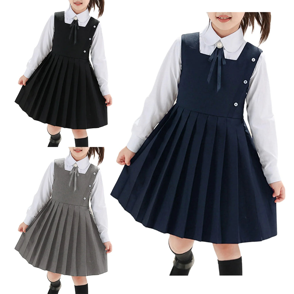 Kids Girls School Uniform Jumper Dress Student Uniform Costume Round Neck Sleeveless Zipper Pleated Dress School Uniforms