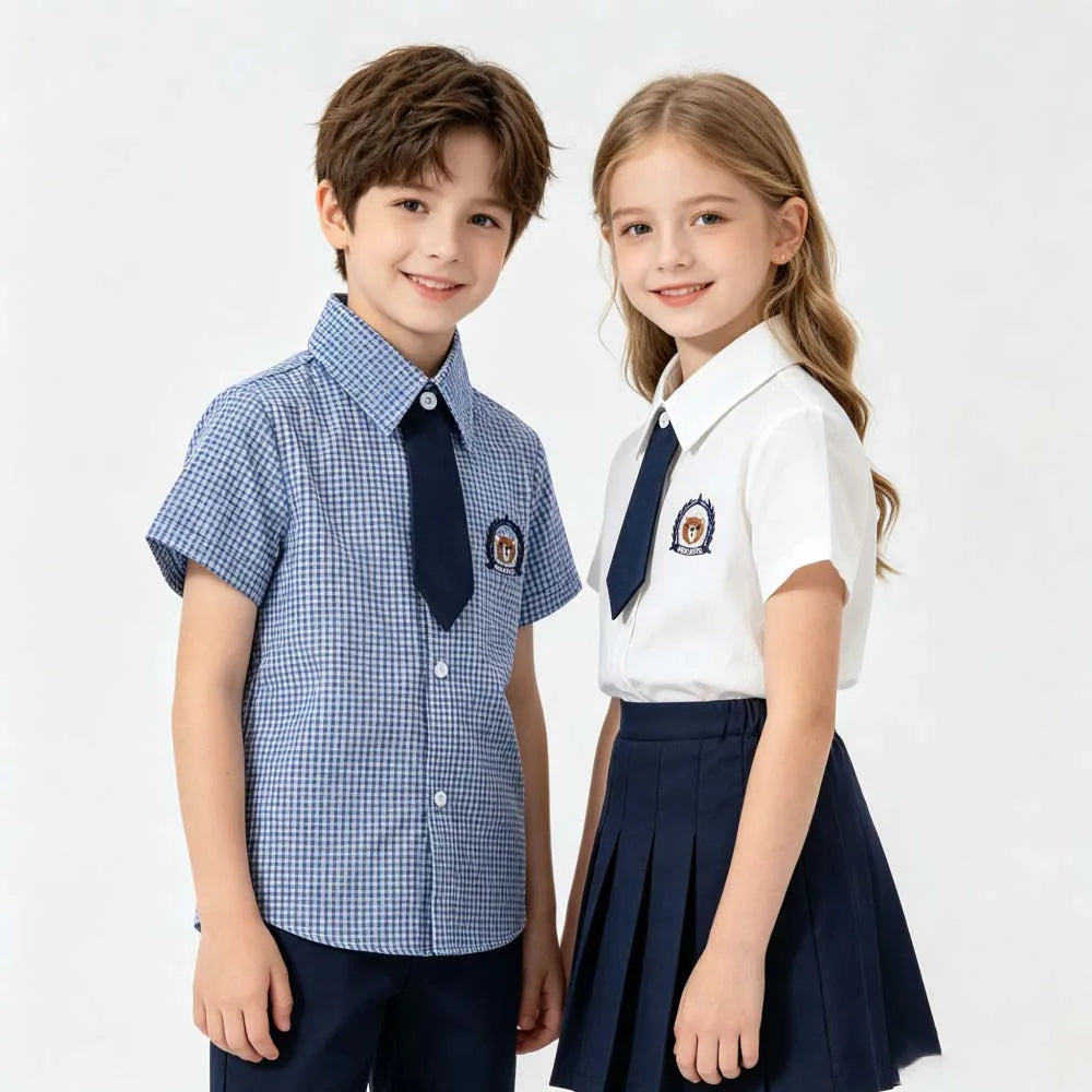 Kids Boys Girls Short Sleeve School Uniform Shirts Bear Embroidery Blouse With Tie Toddler Plaid White Lapel Collar Cotton Tops