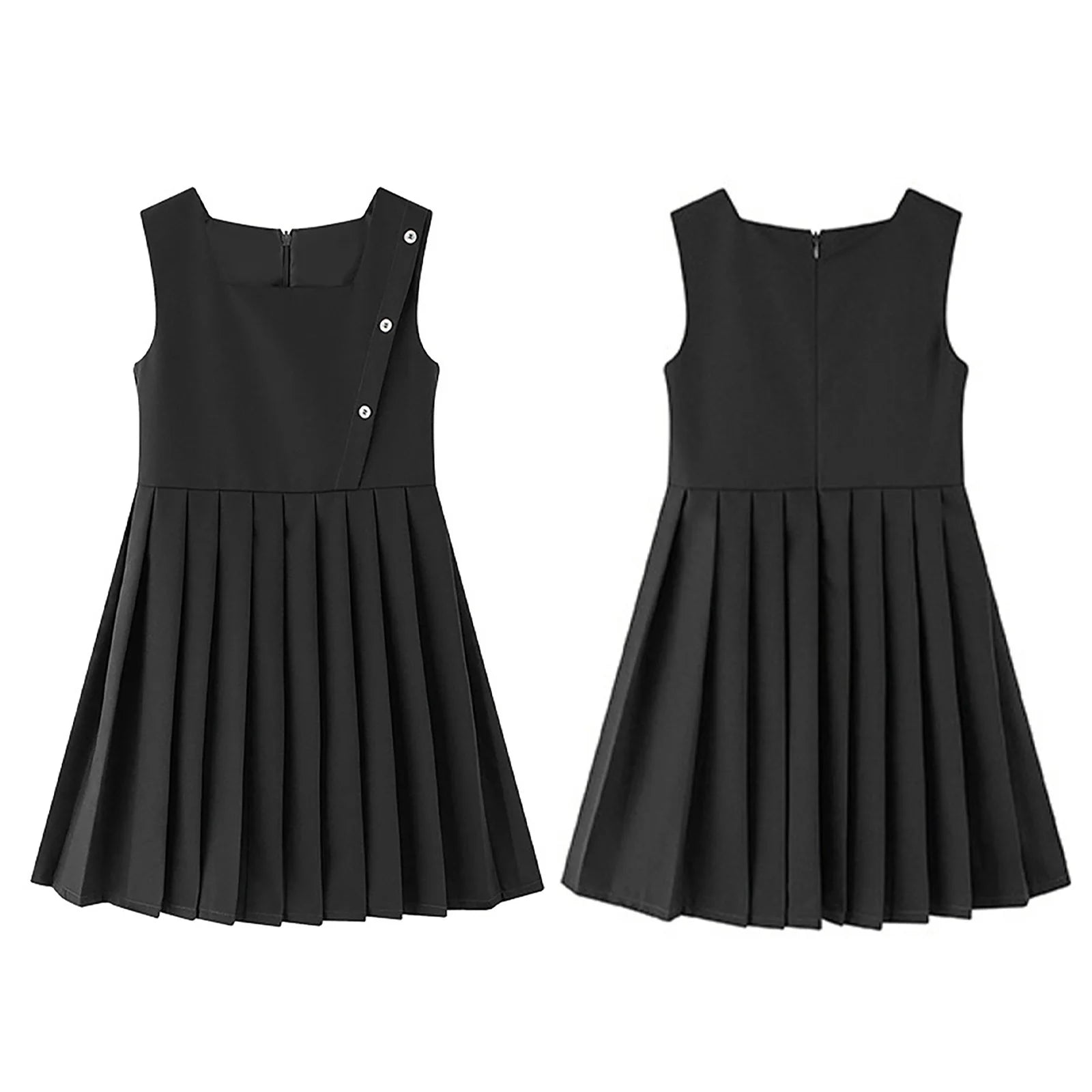 Kids Girls School Uniform Jumper Dress Student Uniform Costume Round Neck Sleeveless Zipper Pleated Dress School Uniforms
