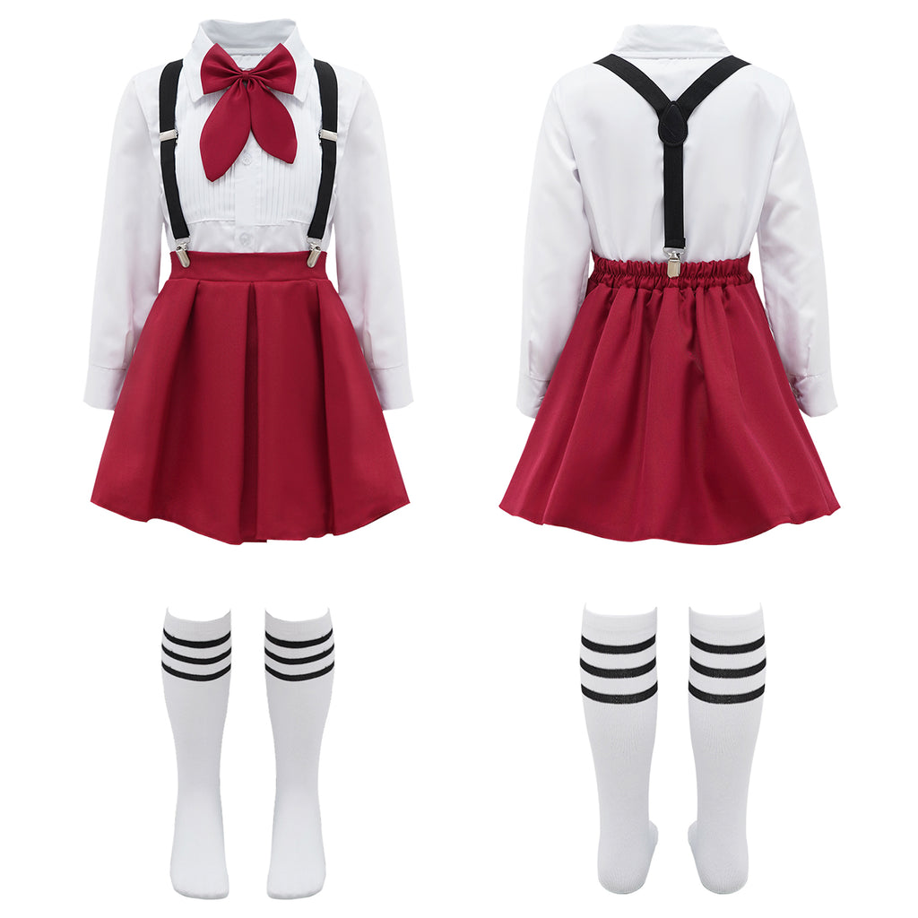 Kids Girls Student School Uniform Shirt Top with Suspenders Skirt Socks Children Choir Stage Performance Suit Schoolgirl Costume