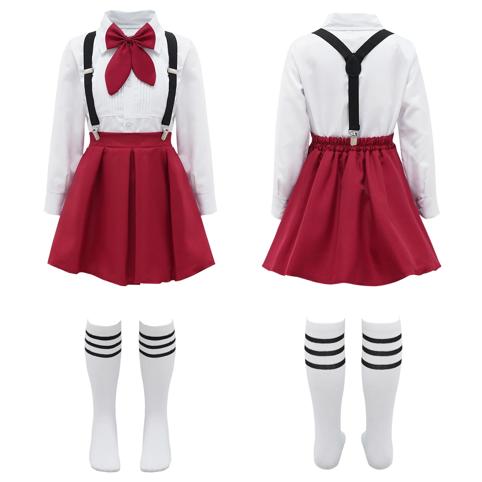 Kids Girls Student School Uniform Shirt Top with Suspenders Skirt Socks Children Choir Stage Performance Suit Schoolgirl Costume