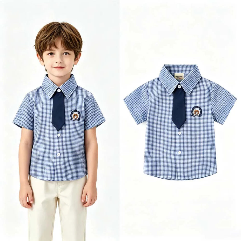 Kids Boys Girls Short Sleeve School Uniform Shirts Bear Embroidery Blouse With Tie Toddler Plaid White Lapel Collar Cotton Tops