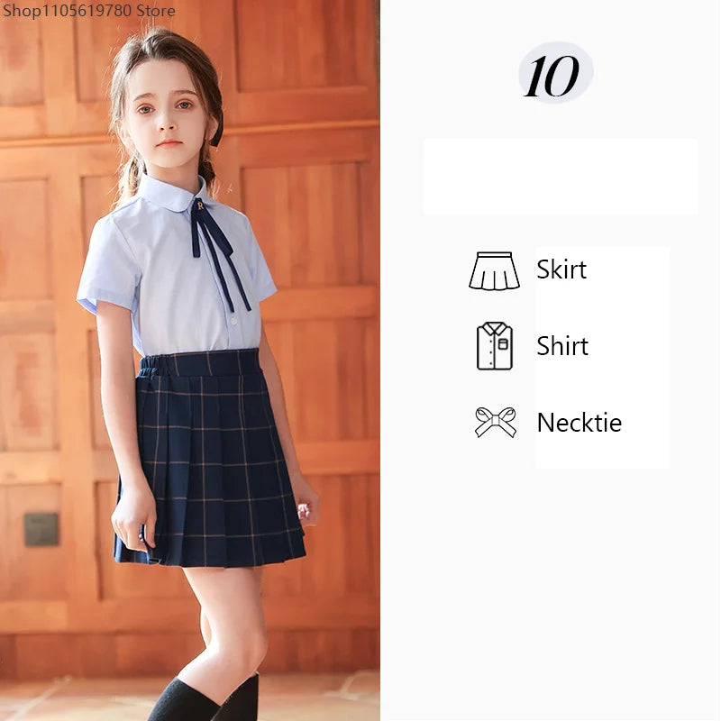Children Summer Kindergarten School Uniforms Girls Pleated Skirts JK Suit Boys Shirt Shorts Bowtie Wedding Performance Costume