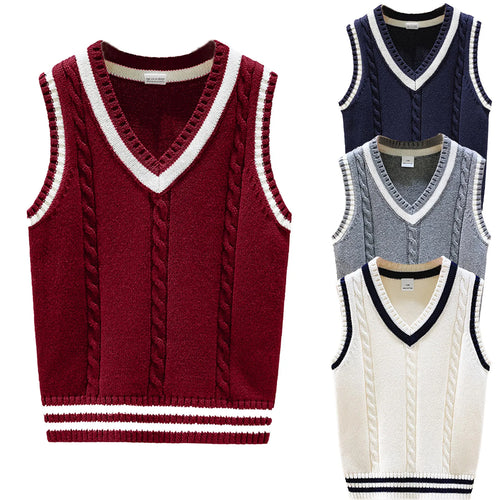 Boys Girls School Uniform Waistcoat Casual Knitted Sweater Vest V Neck Preppy Style Outerwear Children Spring Autumn Clothing