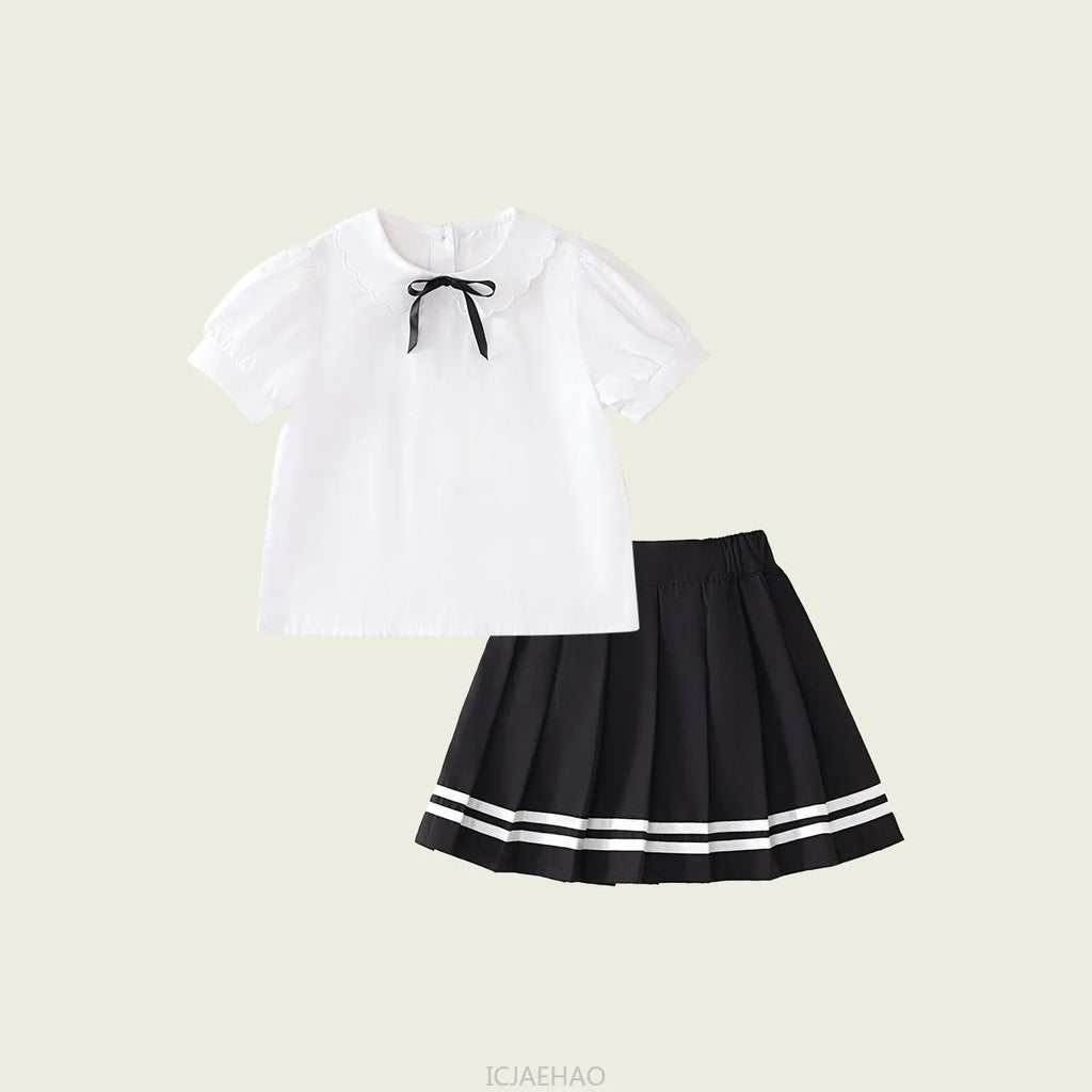 Kids White Blouse Pleated Skirt Sets Sundress Black for Girls Elementary School Student Uniform Suit Blue School Children Dress