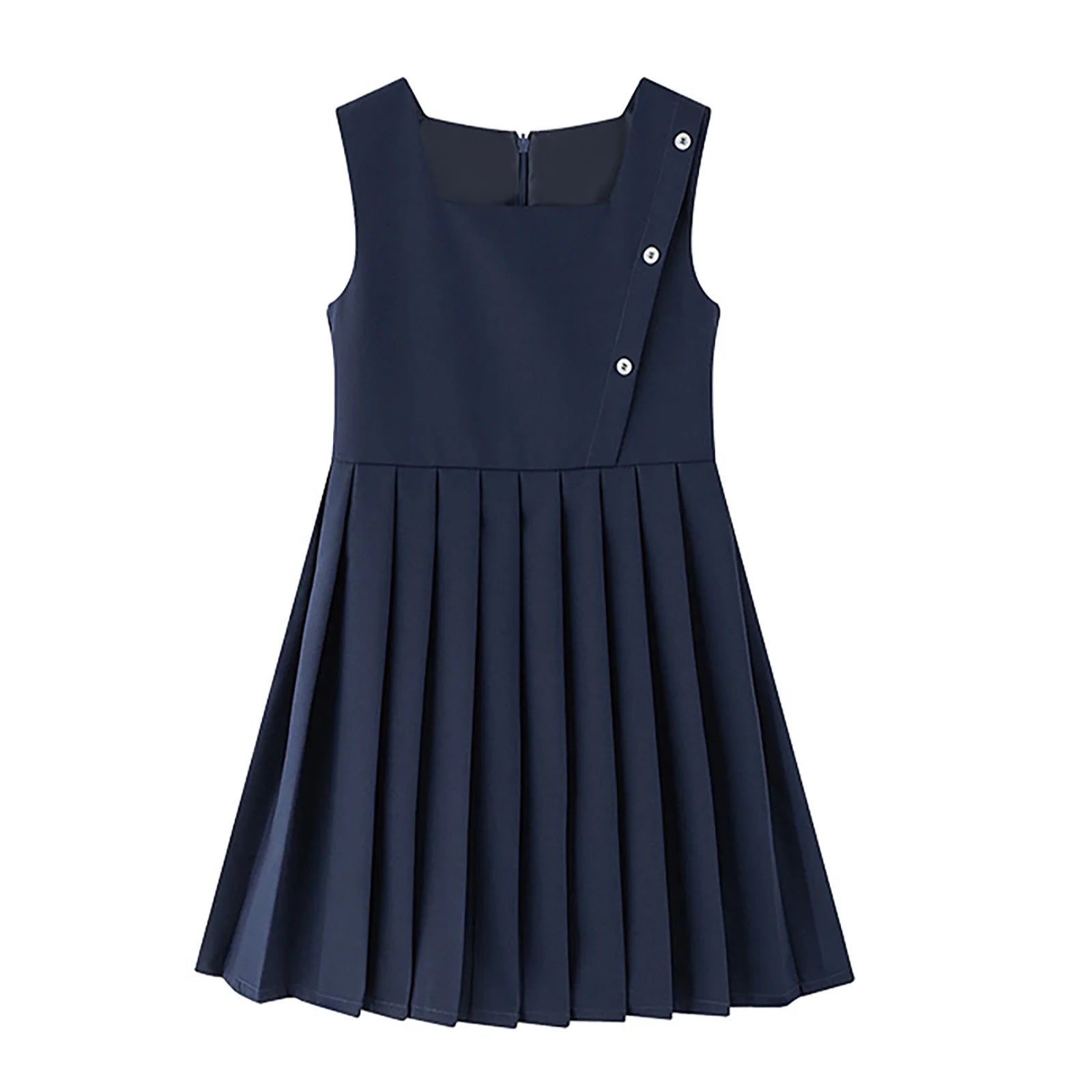 Kids Girls School Uniform Jumper Dress Student Uniform Costume Round Neck Sleeveless Zipper Pleated Dress School Uniforms