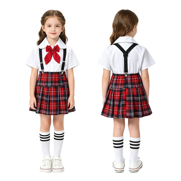 Kids Girls Student School Uniform Shirt Top with Suspenders Skirt Socks Children Choir Stage Performance Suit Schoolgirl Costume