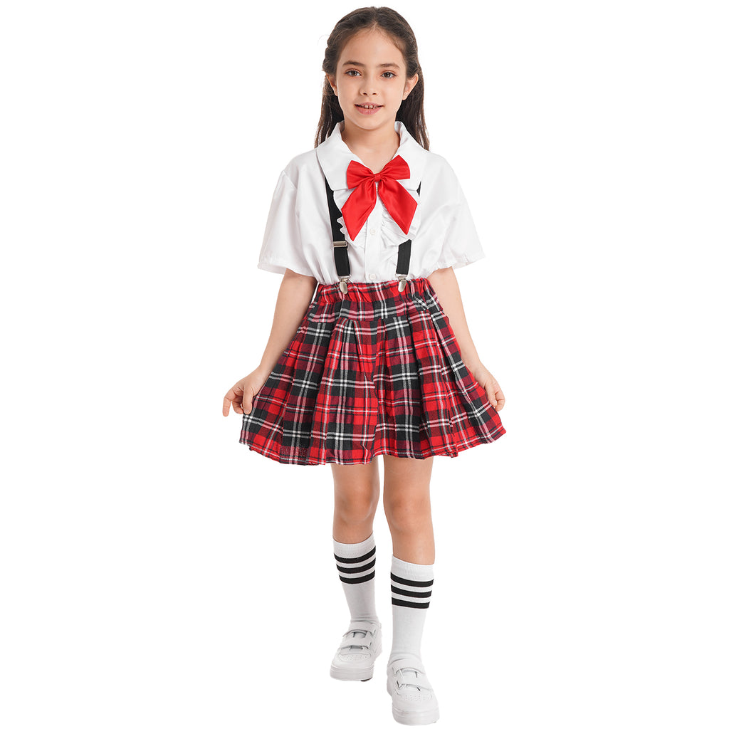 Kids Girls Student School Uniform Shirt Top with Suspenders Skirt Socks Children Choir Stage Performance Suit Schoolgirl Costume
