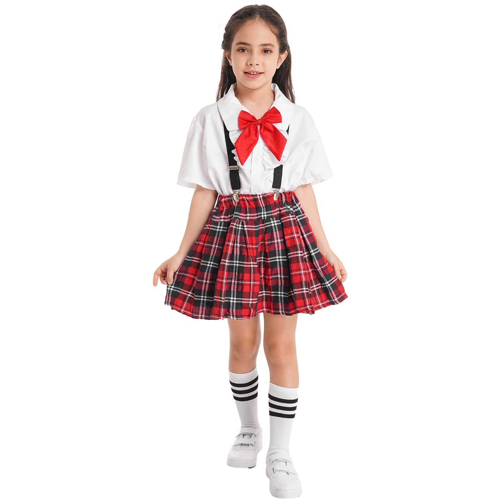 Kids Girls Student School Uniform Shirt Top with Suspenders Skirt Socks Children Choir Stage Performance Suit Schoolgirl Costume