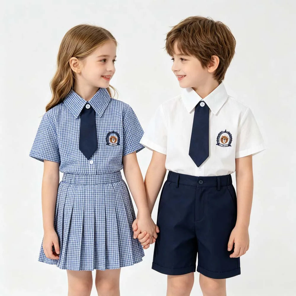Kids Boys Girls Short Sleeve School Uniform Shirts Bear Embroidery Blouse With Tie Toddler Plaid White Lapel Collar Cotton Tops