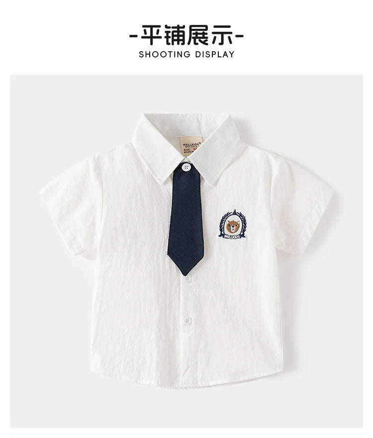 Kids Boys Girls Short Sleeve School Uniform Shirts Bear Embroidery Blouse With Tie Toddler Plaid White Lapel Collar Cotton Tops