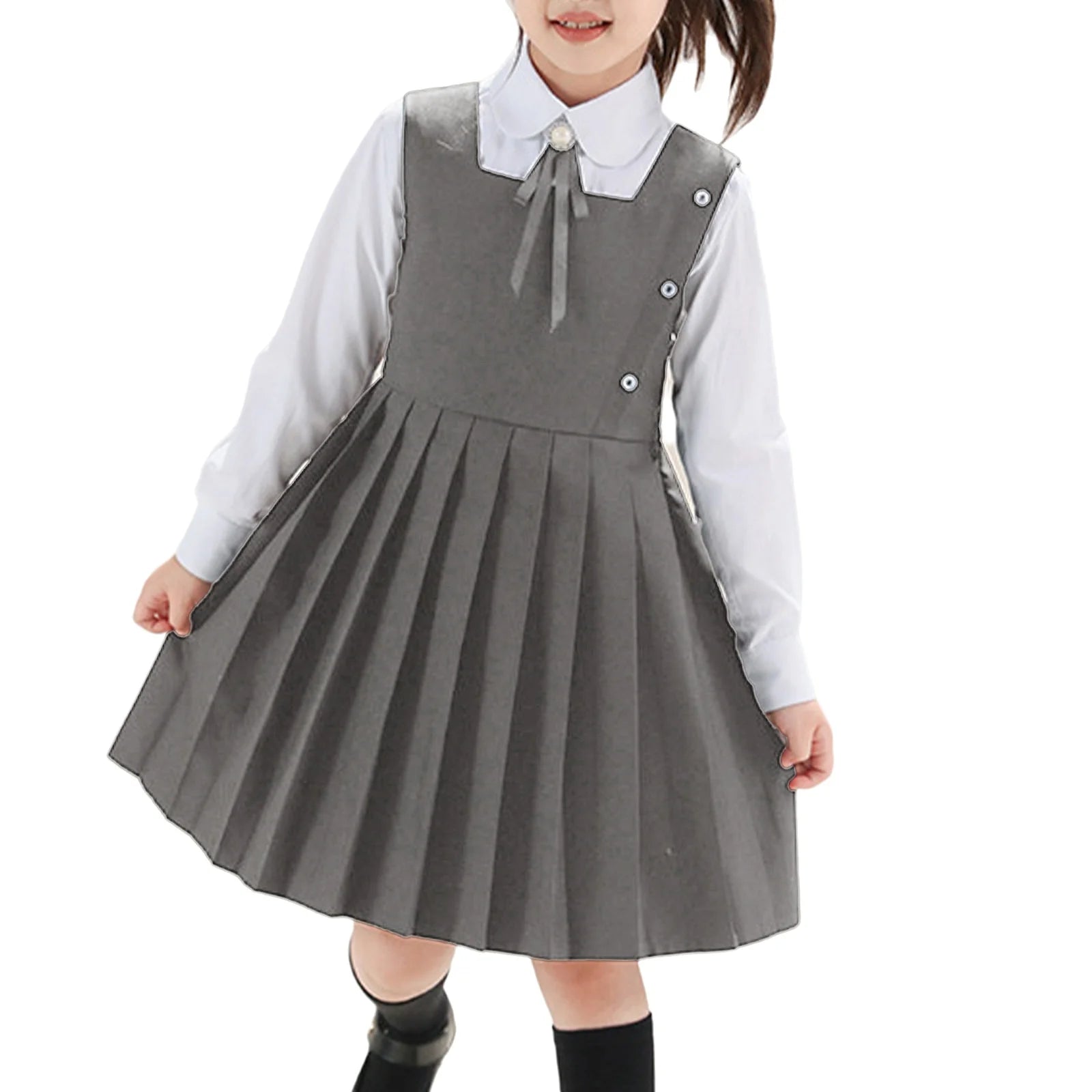 Kids Girls School Uniform Jumper Dress Student Uniform Costume Round Neck Sleeveless Zipper Pleated Dress School Uniforms