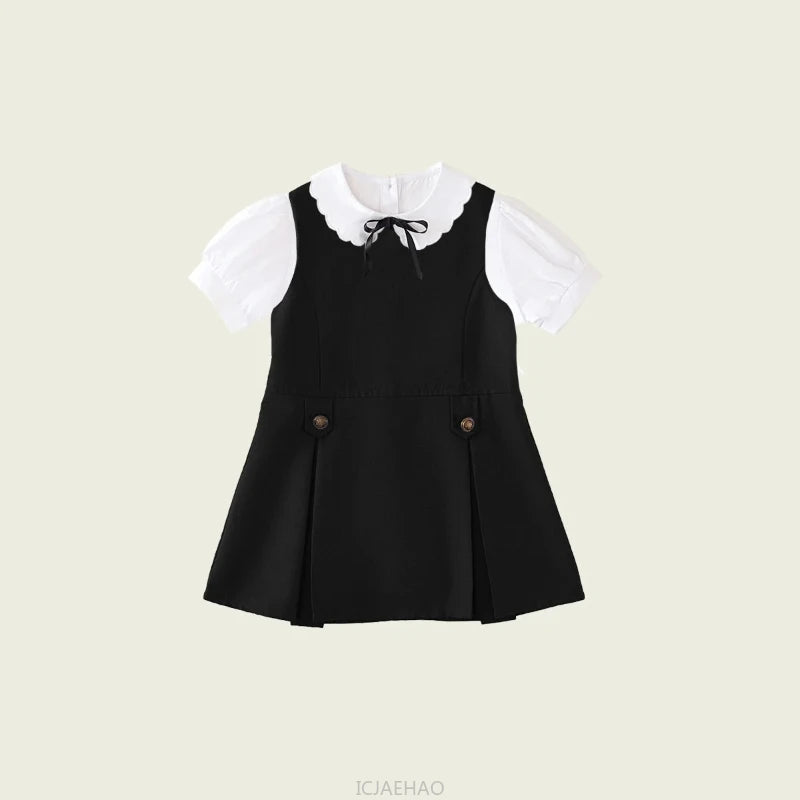 Kids White Blouse Pleated Skirt Sets Sundress Black for Girls Elementary School Student Uniform Suit Blue School Children Dress
