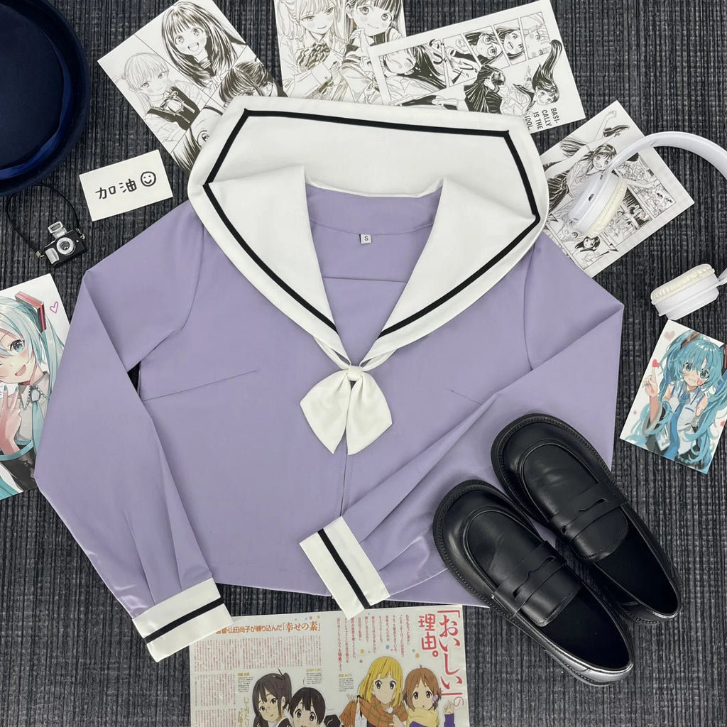 Cute Japanese-style Summer School Uniform Skirt For Girls Cosplay Purple Shirt Jk Sailor Uniform Women's Party Long-sleeve Suit