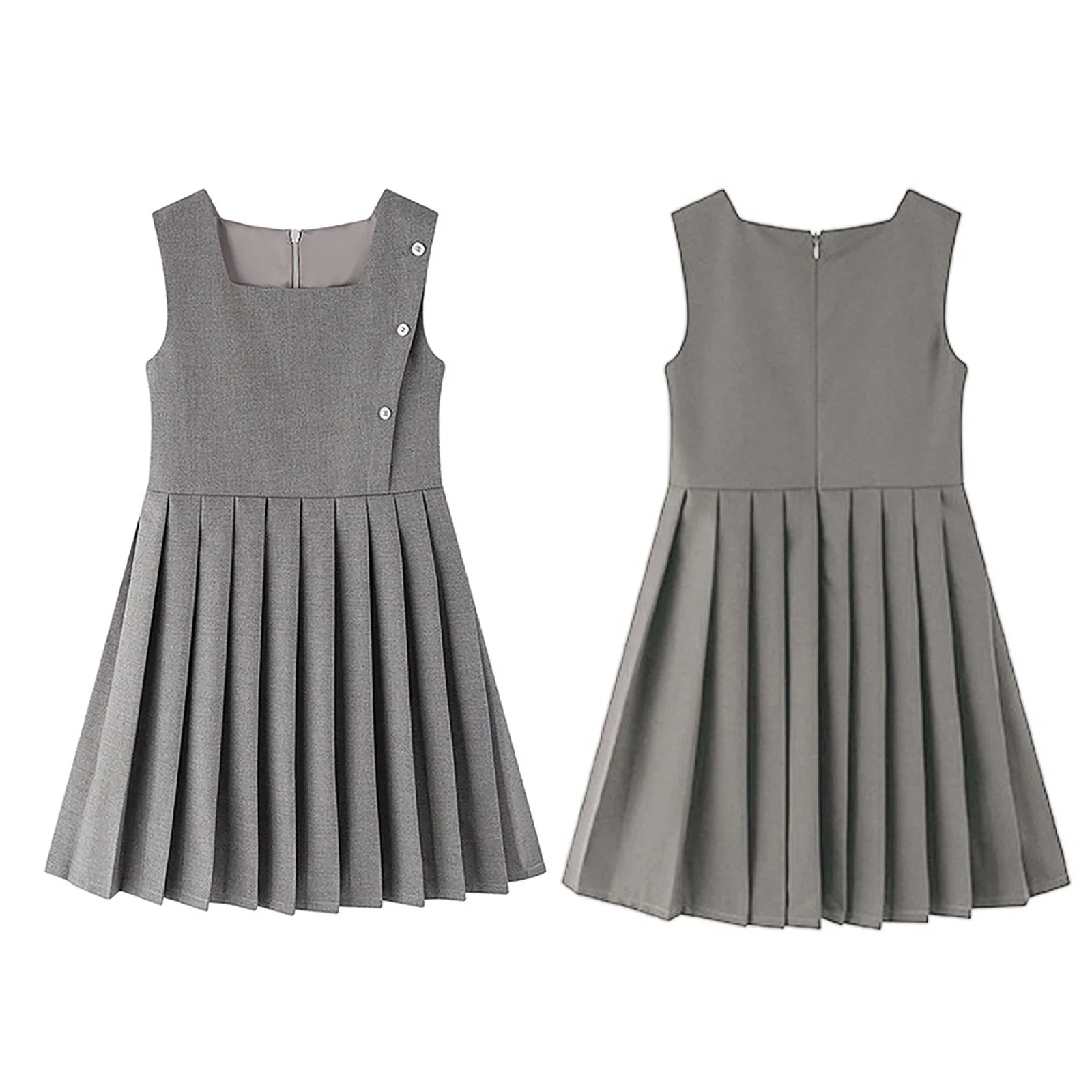 Kids Girls School Uniform Jumper Dress Student Uniform Costume Round Neck Sleeveless Zipper Pleated Dress School Uniforms