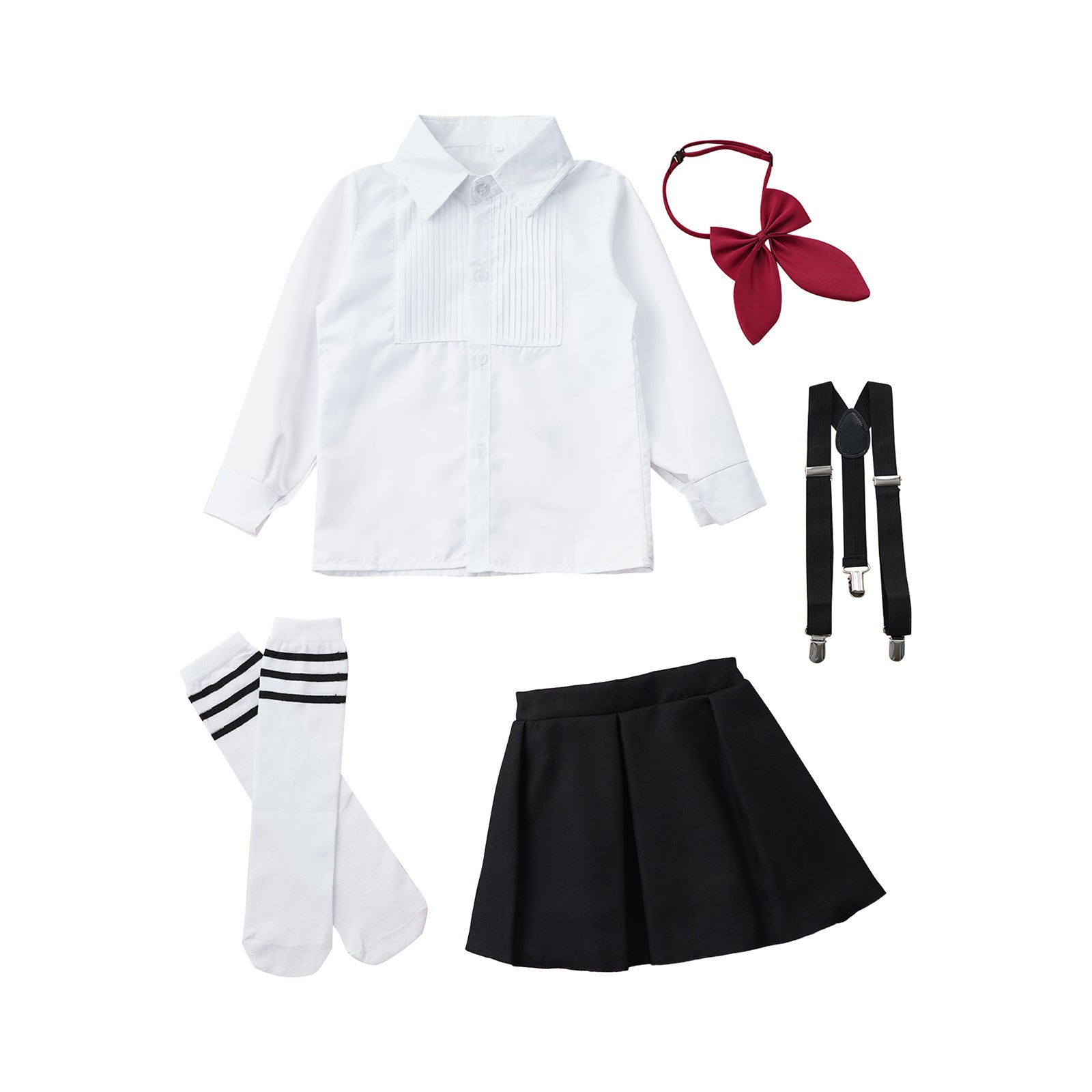 Kids Girls Student School Uniform Shirt Top with Suspenders Skirt Socks Children Choir Stage Performance Suit Schoolgirl Costume