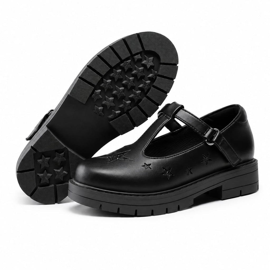 Girls' Chunky Star-Embossed Mary Jane School Shoes – T-Strap