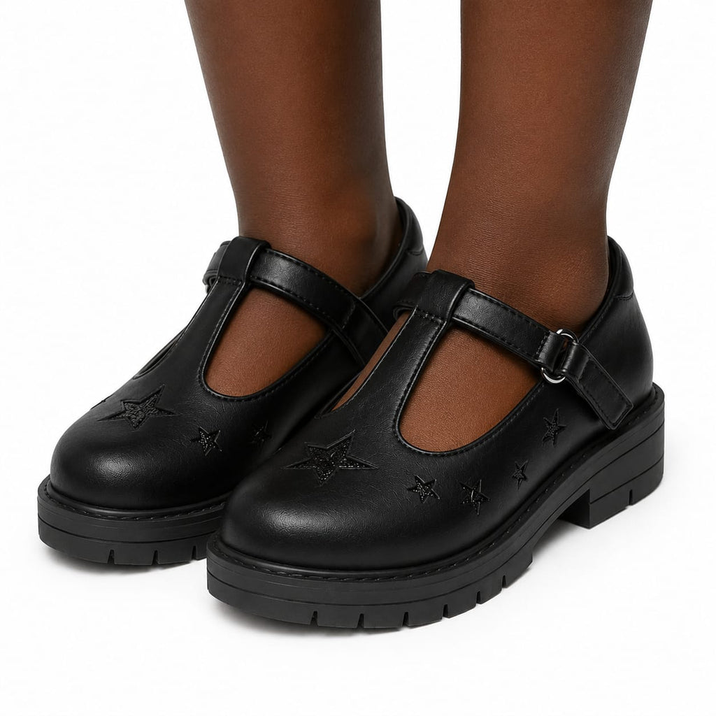 Girls' Chunky Star-Embossed Mary Jane School Shoes – T-Strap